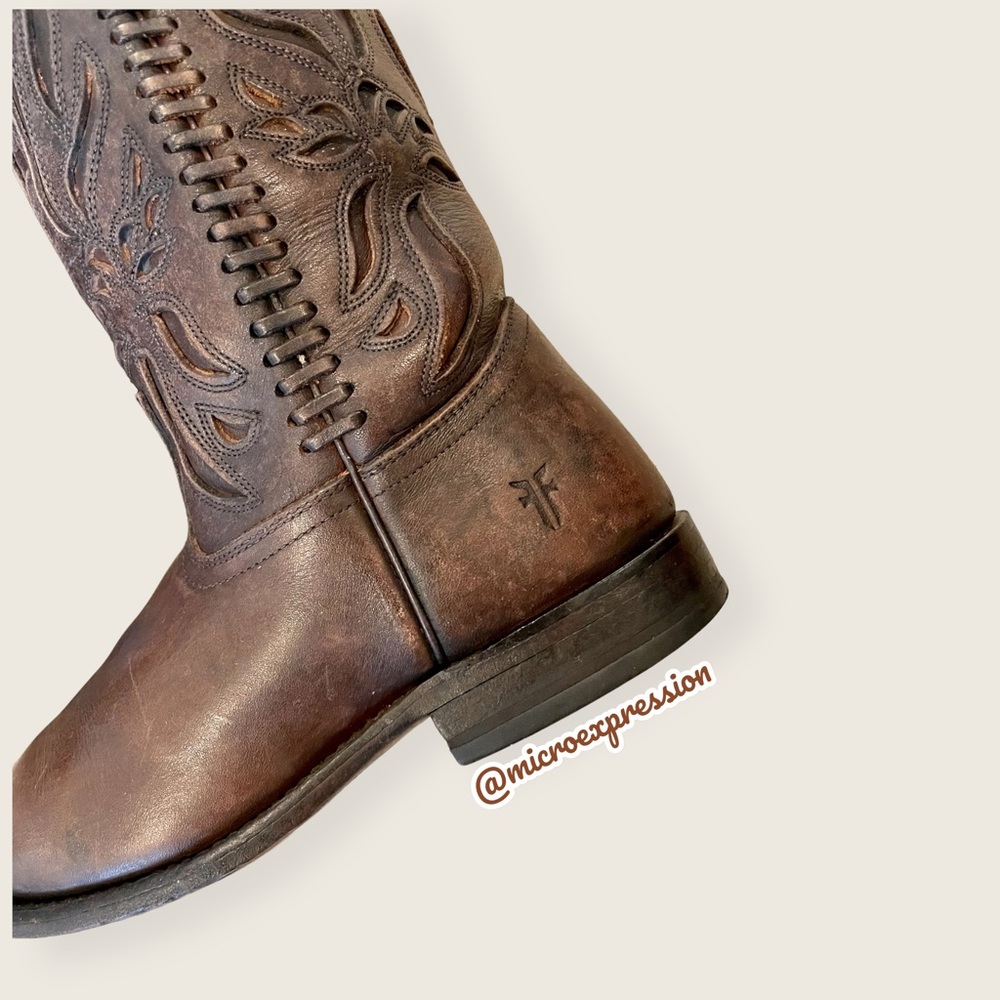$429 Frye Wyatt Overlay Brown Leather Embroidered Pattern Tall Cute Cowboy Boot - Picture 10 of 12